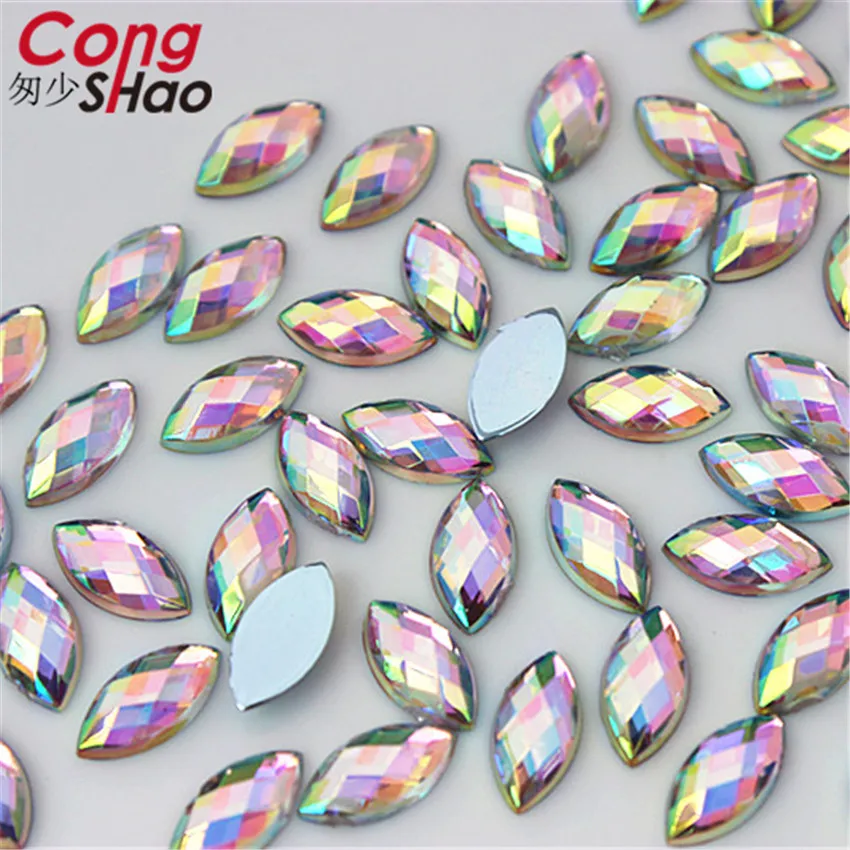 5*10mm Acrylic AB Rhinestones Eye Shape Crystal AB Flat Back 3D Nail Art Rhinestones Flatback Stones For Face Decorations WC366