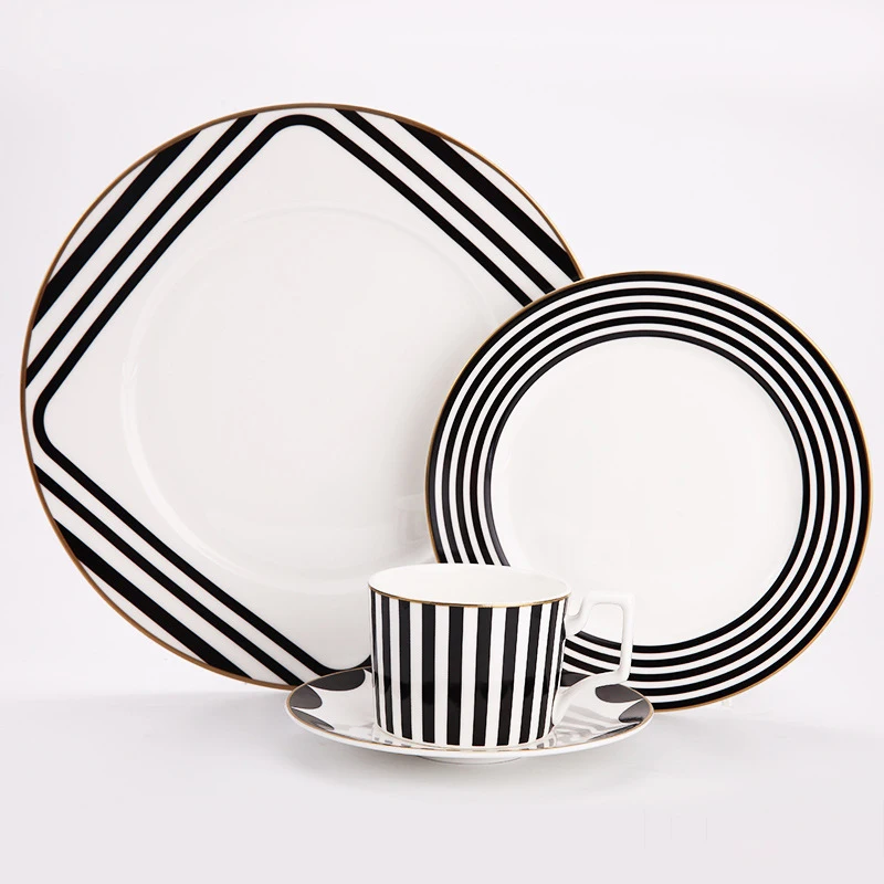 Bone China Tableware Set, Stripe Design, Flat Steak Plate, Coffee Cup and Dish, Dessert Tray, Drinkware Golden Edge