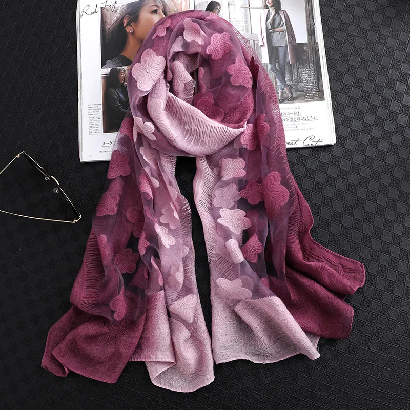 Wholesale 2021 New Fashion Women Cut Flowers Hollow Lace Gradient Silk Scarf Spring Shawls and Wraps Towel Femme Beach Sjaals