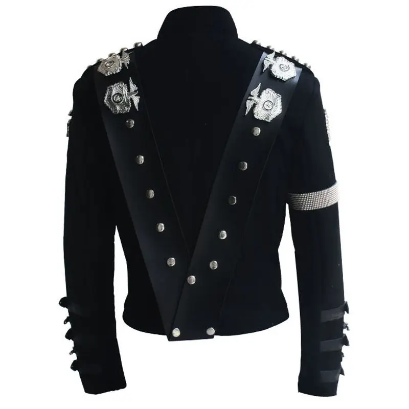 Impersonator Michael Joseph Jackson Costumes Jacket Stuff BAD Black With Silver Eagle Badges Punk Metal woolen Clothing