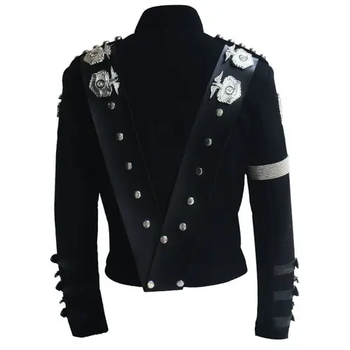 Imagen 2 del producto Impersonador Michael Jackson disfraces chaqueta cosas BAD negro con insignias de águila plateada Punk Metal ropa de lana