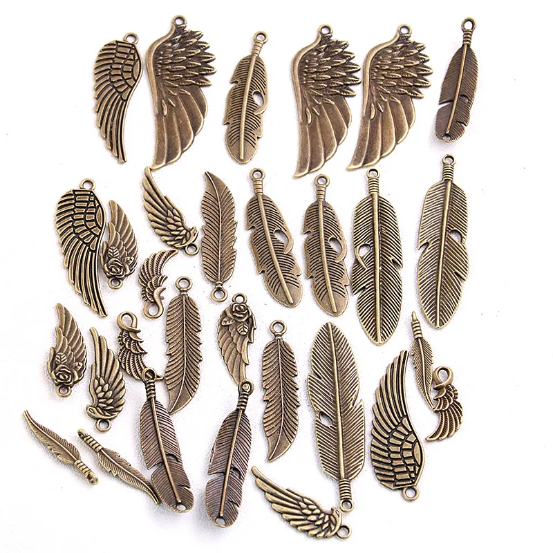 10pcs/lot Vintage Bronze Metal Small Wings & Feather Charms for Jewelry Making Diy Zinc Alloy Mix Wings Feather Pendant