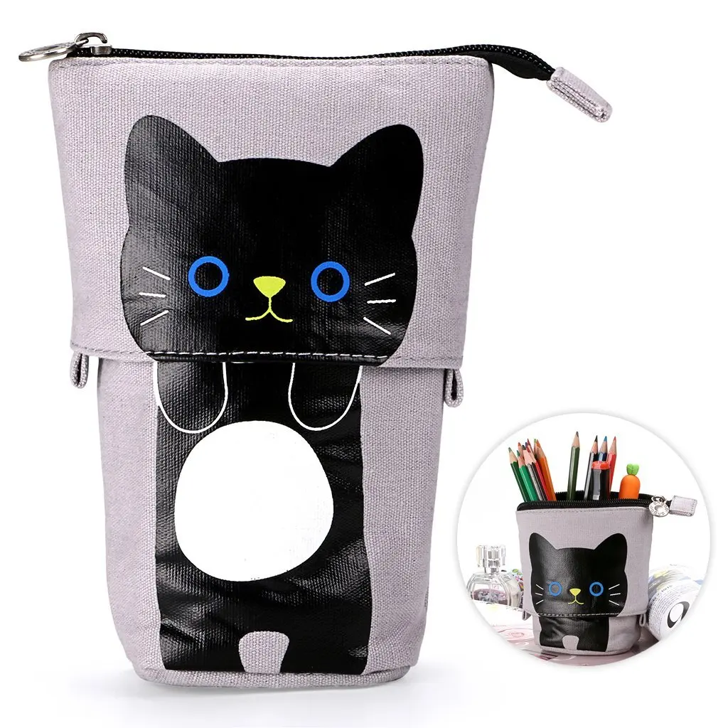 Canvas Lovely Cartoon Cat Telescopic Stand Stationery Bag Pencil Case Pouch Cosmetic Bags Storage Bag For Boys and Girls-30