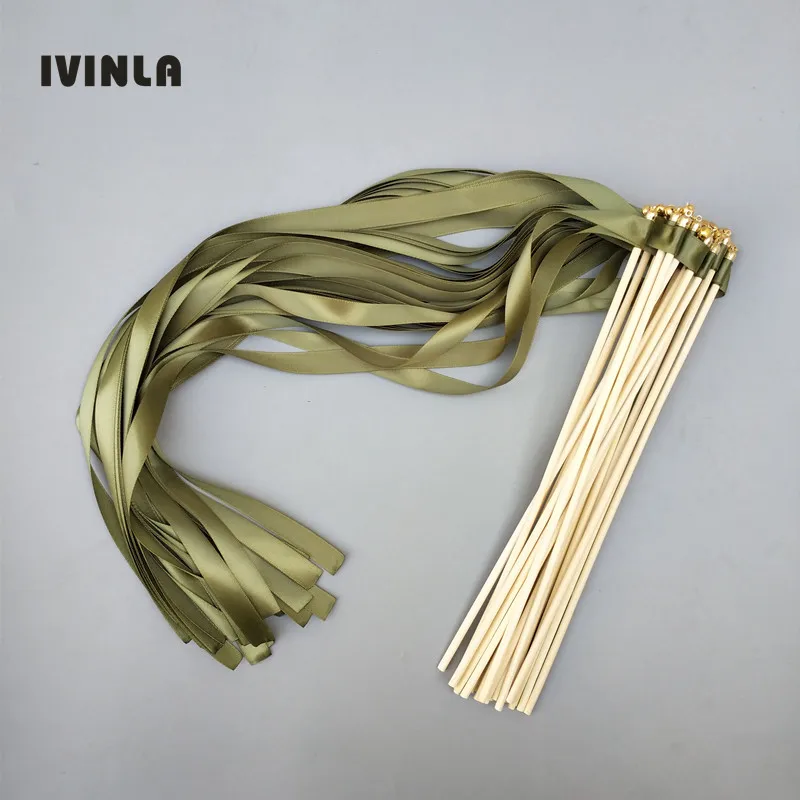 

50pcs/lot green wedding ribbon wands with gold bell