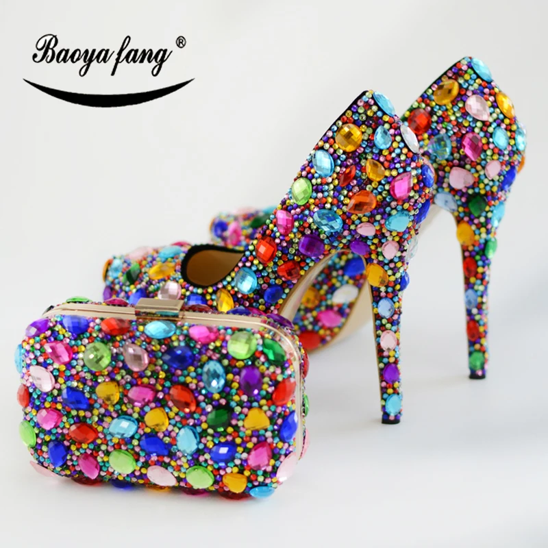 BaoYaFang Multicolor crystal women wedding shoes with matching bags High shoes Thin heel platform shoes and purse set