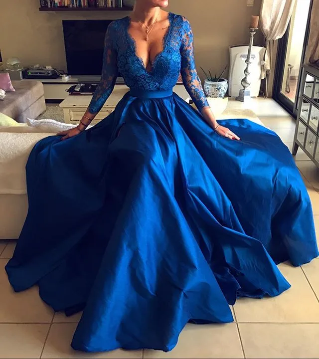 JaneVini Royal Blau Plus Größe Kleid Abendkleider Lange Sexy Tiefem V-ausschnitt Spitze Hülse Hohe Split Illusion Satin Kleider gala Jurken