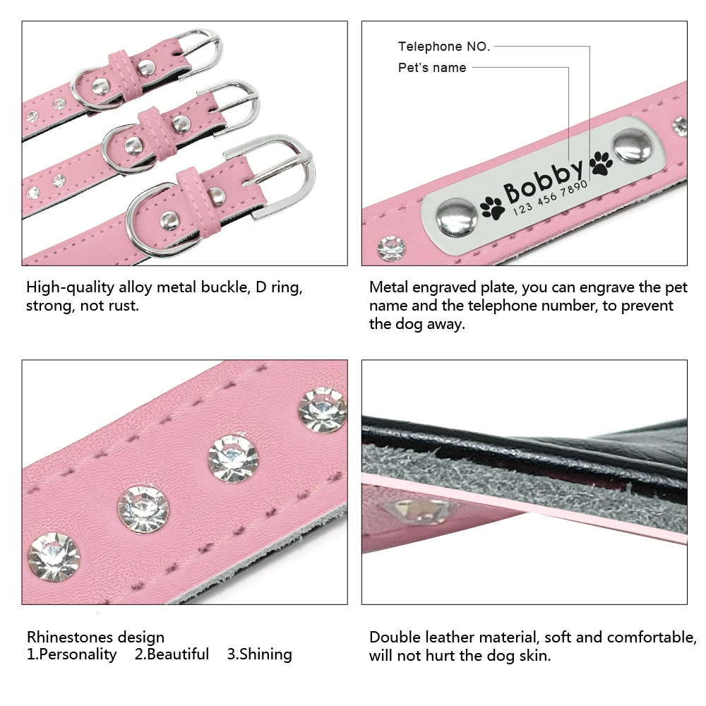 Customized Rhinestore Dog Collars Padded Personalized Dogs ID Collars For Small Medium Dogs Cats Puppy Kitten Pink Red Black