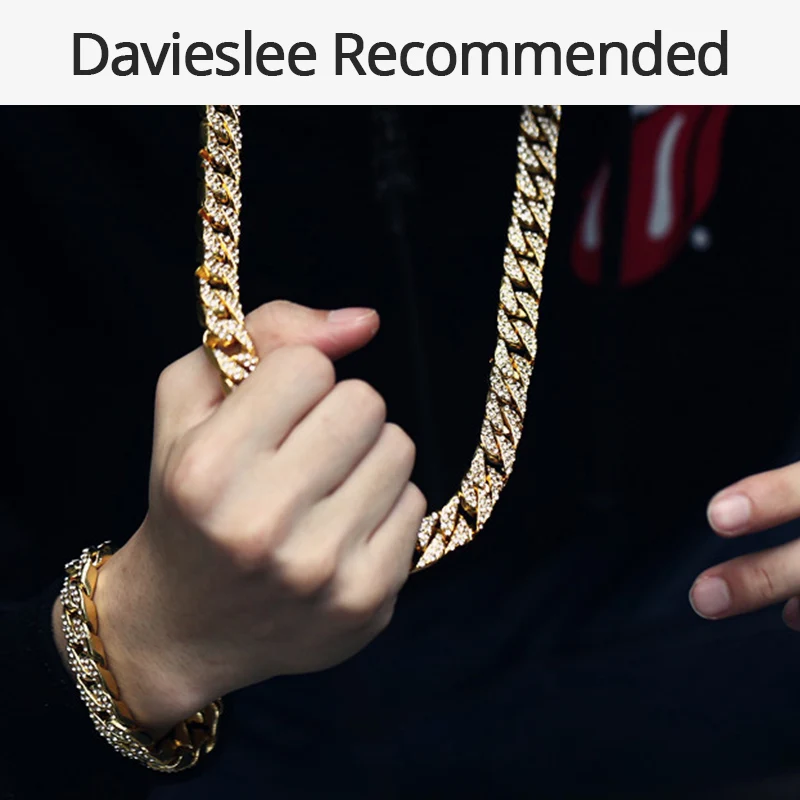 Davieslee14mm Men's Necklace Miami Curb Cuban Gold Color Necklace Paved Clear Rhinestones Womens Mens Chain DLGN432