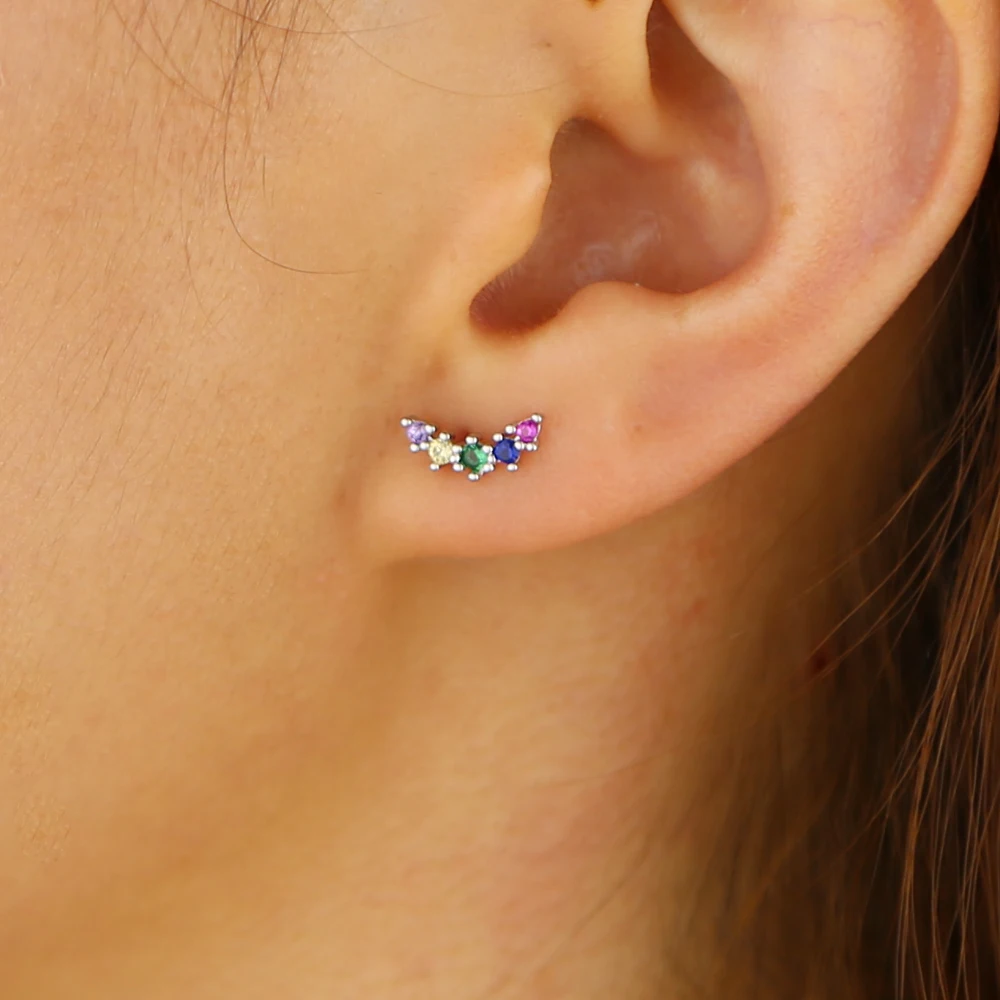 rainbow cz cluster small stud earring for girl minimal delicate colorful fashion jewelry