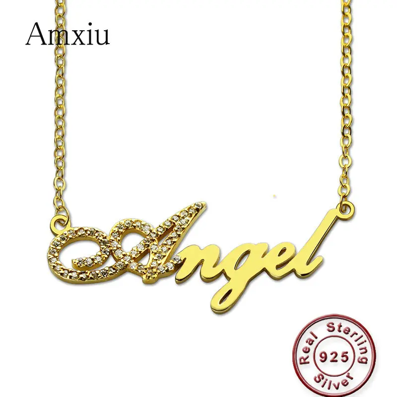 Amxiu 100% 925 Sterling Silver Custom Name Necklace Zircons Jewelry Personalized Choker Necklace For Women Wedding Gift Bijoux