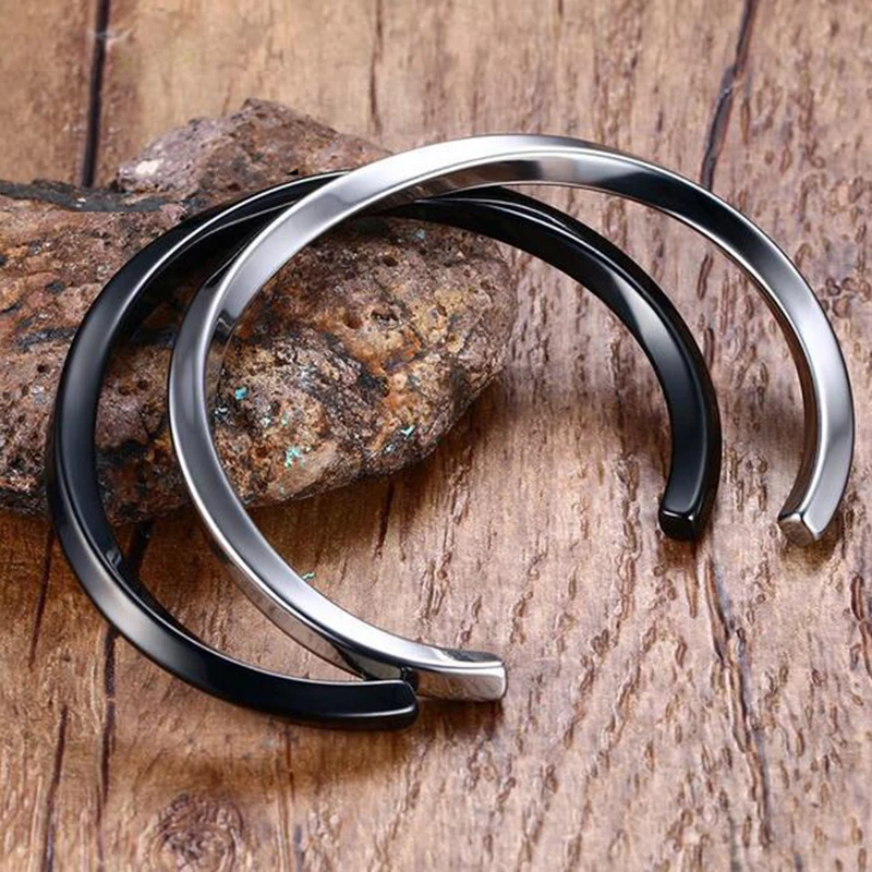 Black Silver Color Cuff Bangle for Man and Women Quality 316L Stainless Steel Punk Bangle Bracelet Titanium Jewelry