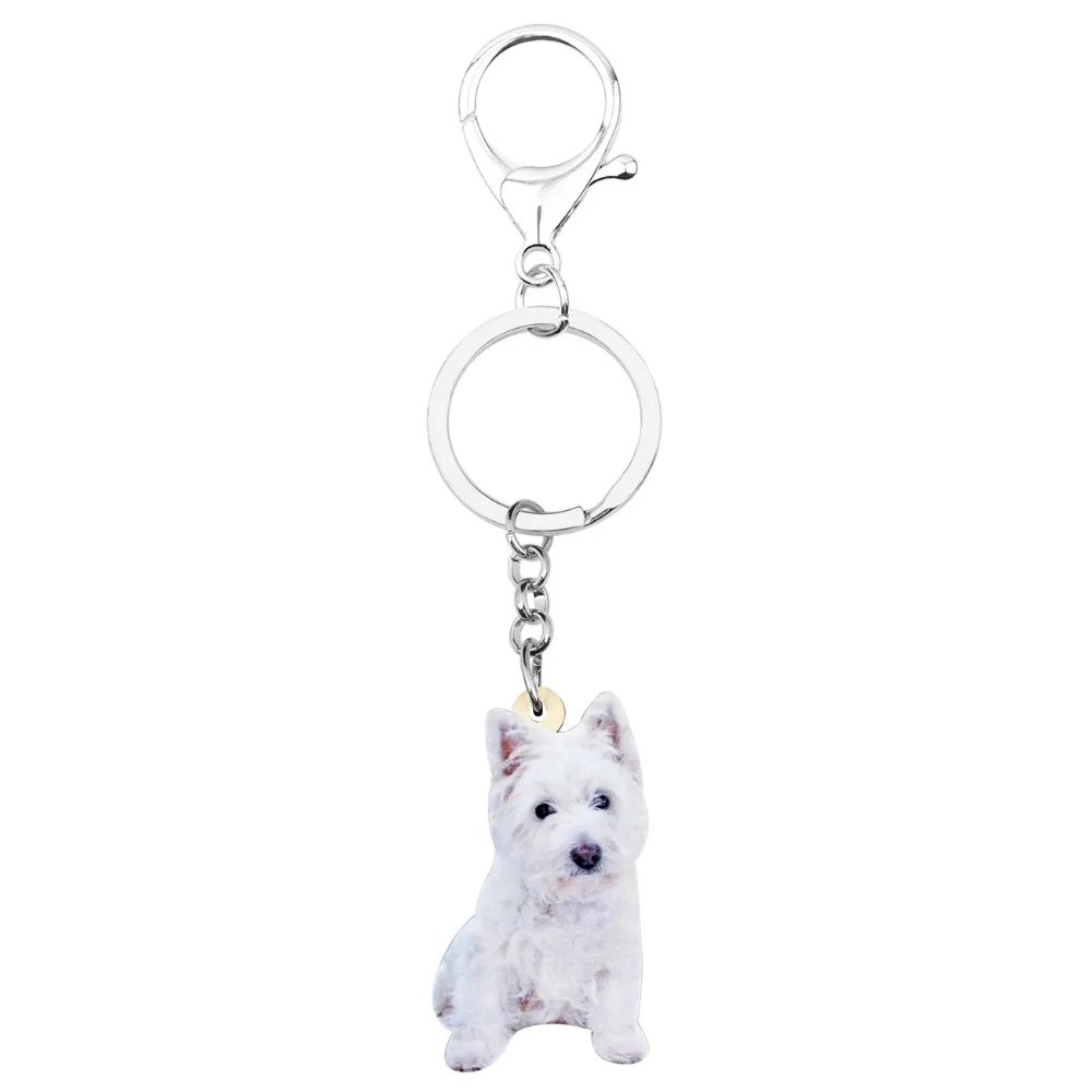 Bonsny Acrylic Cute West Highland White Terrier Key Chains Keychain Rings Fashion Animal Jewelry For Women Girl Teens Decoration