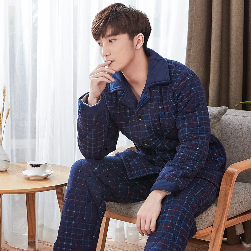 New Arrival Men Cotton Quilted Pajama Sets Winter Men Pajama Sets 3 Layers Thick Warm Male Sleepwear Long Sleeve Men Lounge Set