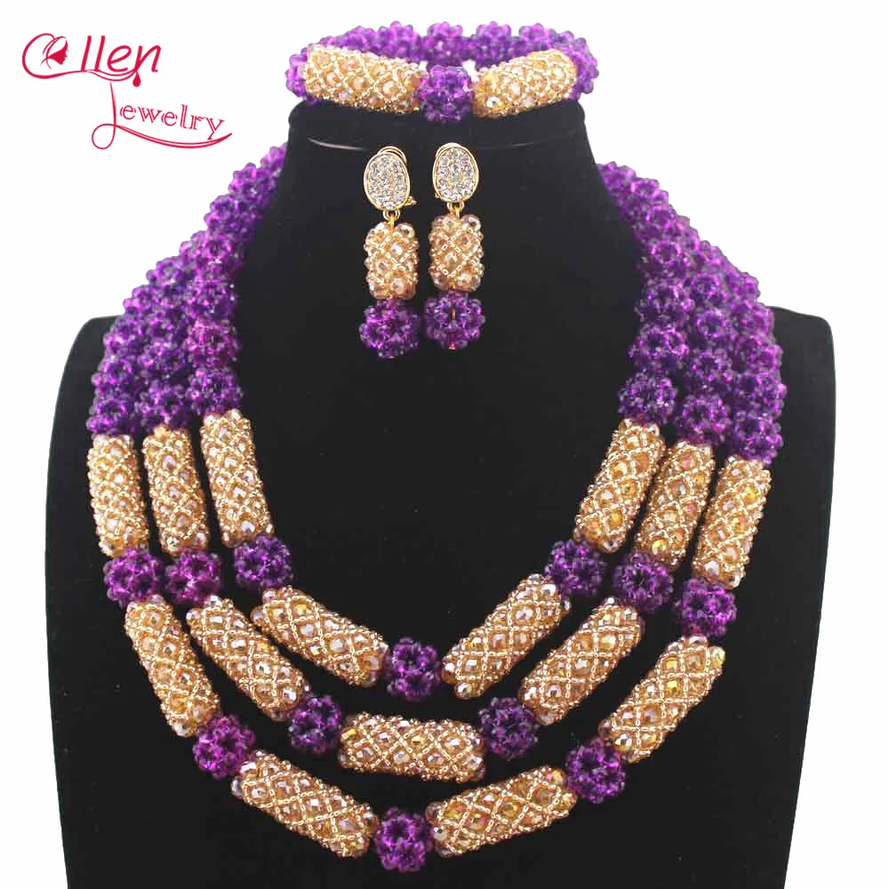 

New Amazing Purple Women Costume African beads Jewelry Set Indian Nigerian Wedding beads Statement Necklace Set W13625