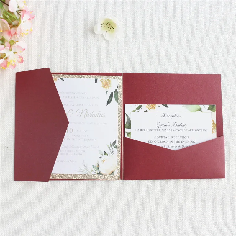 Burgundy wedding invitation with glittery rose gold insert envelop belly band customized printing 50pcs