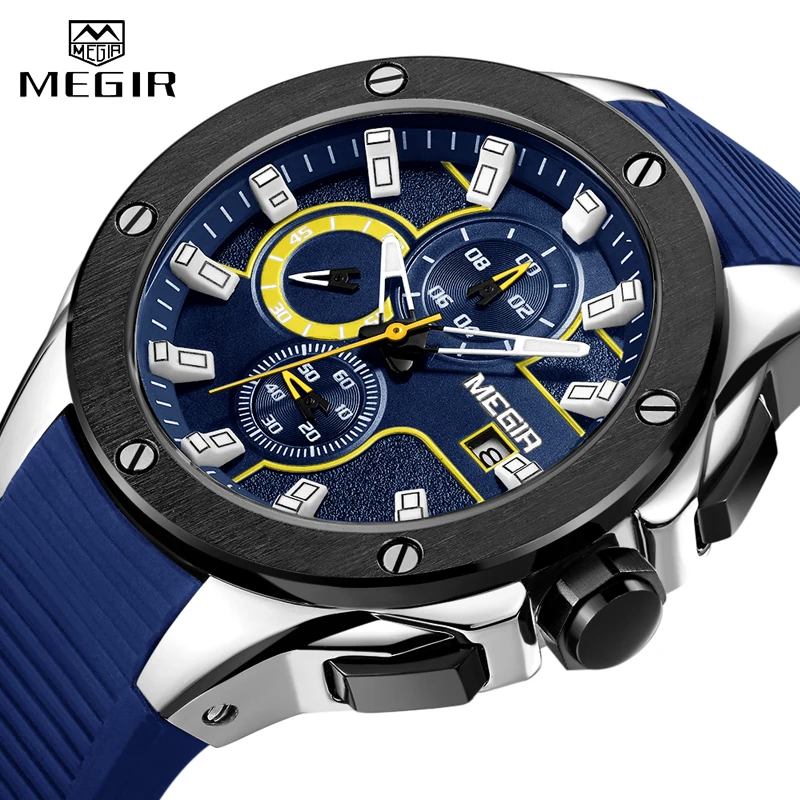 

MEGIR 2053 Fashion Men Sport Watch with Chronograph Waterproof Silicone Quartz Military Men Watches Clock Male Relogio Masculino