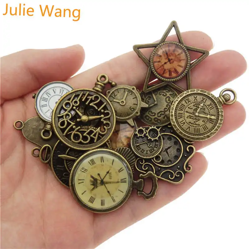 Julie Wang 10pcs Antique Bronze Alloy Random Mixing Clock Charms For Necklace Pendant Finding Jewelry Making Metal Accessory