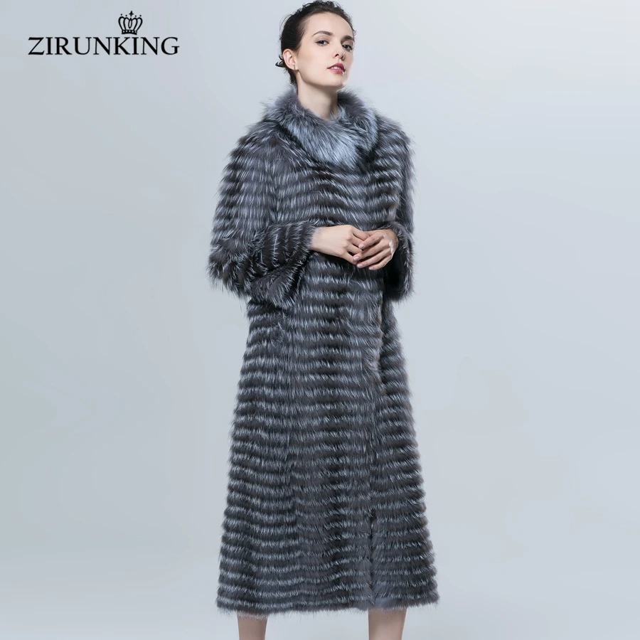 

ZIRUNKING Autumn Luxury X-Long Style Real Silver Fox Fur Coat For Women Natural Fur Classic Stripe Syle Long Outerwear ZCW-18YL