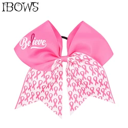 7'' Breast Cancer Cheer Bows Pink Glitter Hair Bow With Elastic Hair band For Girls Kids Hair Accessories Headwear Free Shipping