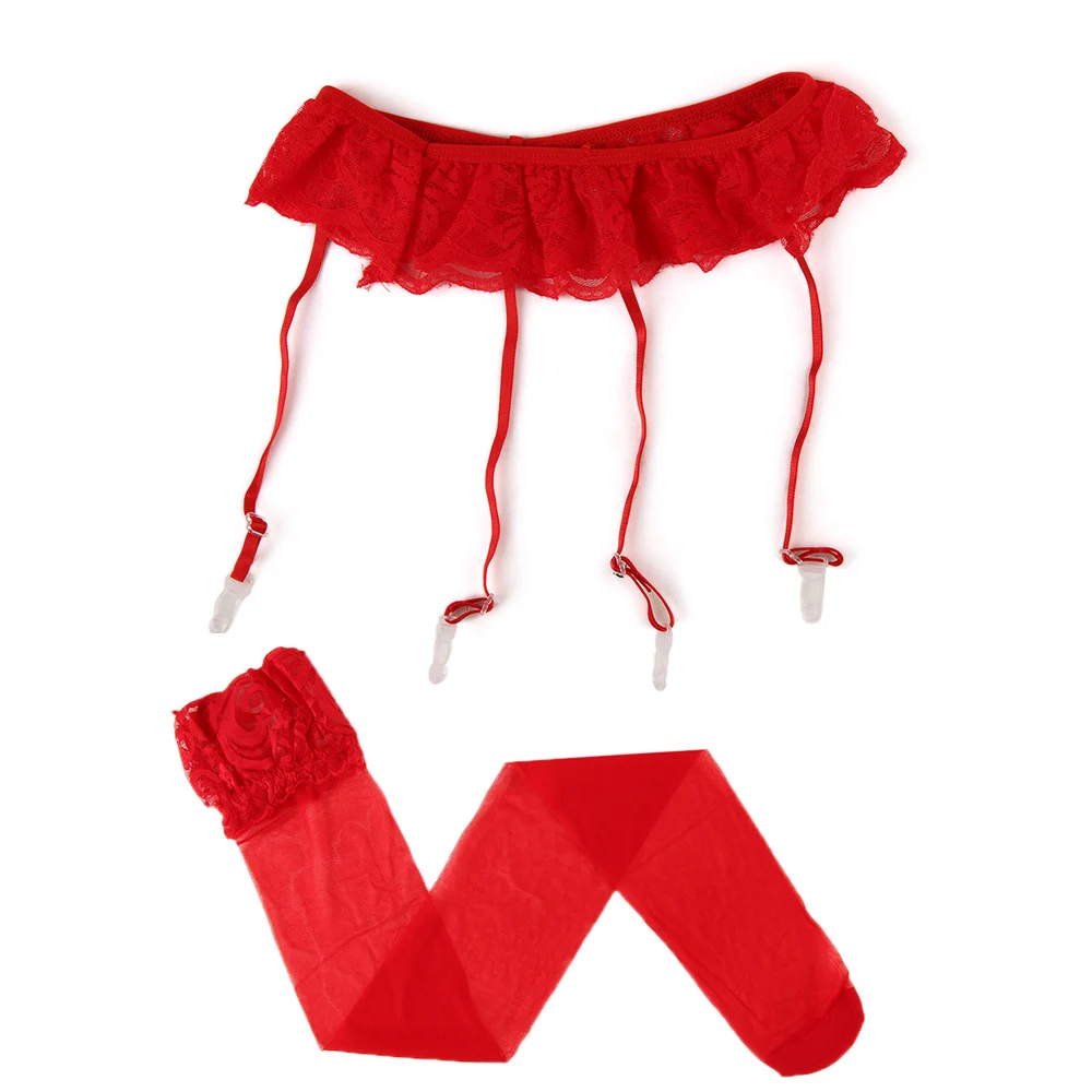 1Set Fashion Women Sexy Lace Soft Top Thigh-Highs Stockings + Suspender Garter Belt Black White Red Pink