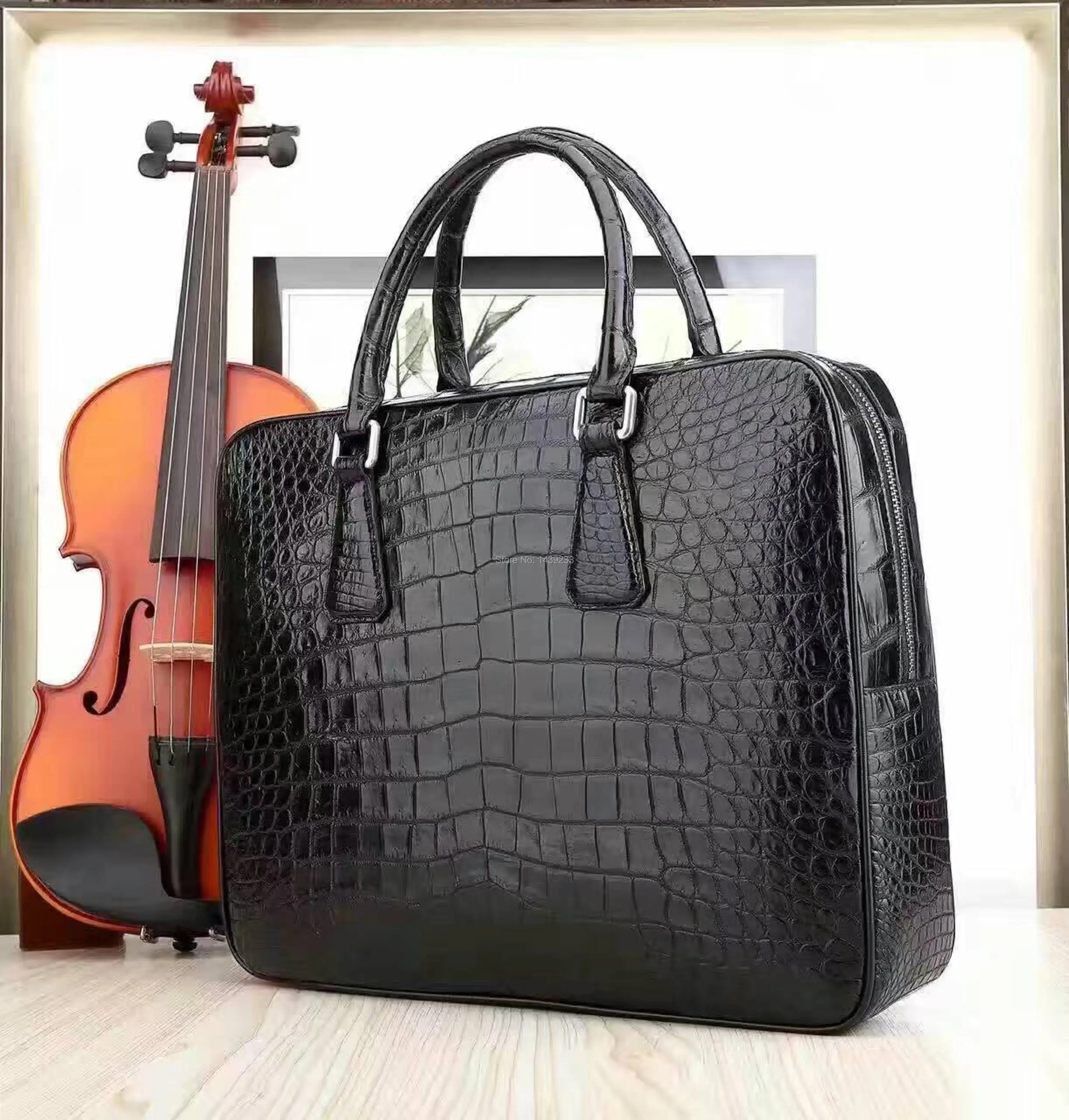 Top Luxury Quality 100% Genuine/Real Crocodile Belly Skin Men Briefcase Laptop Bag code lock, Top Luxury Men Business bag Black,