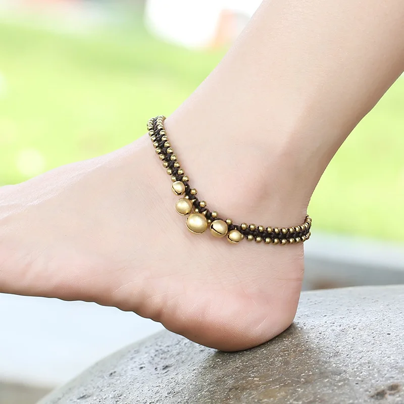 Bohemian DIY Jewellery Handmade Weave Copper Bead Bell Female Anklet Fashion Simple Beach Foot Accessories For Women Summer Gift