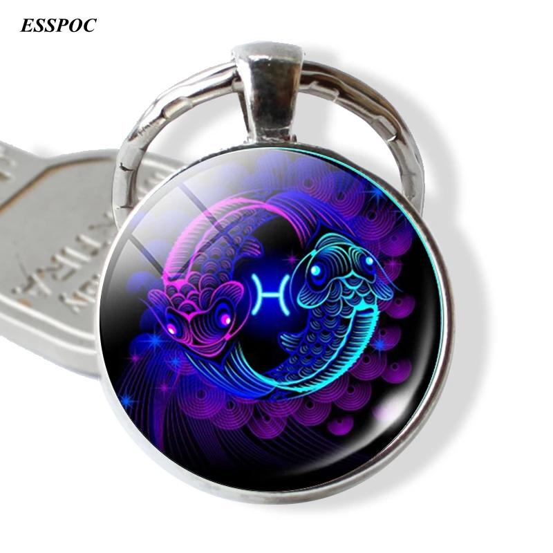12 Constellation Leo Virgo Key Chains Glass Cabochon Pendant Zodiac Sign Key Rings Bag Pendant Keychain Birthday Gift