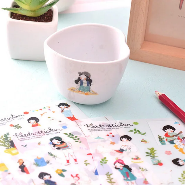 Pegatinas decorativas de PVC para diario, 6 hojas de dibujos animados para niñas, diario, álbum, etiqueta, bricolaje, álbum de recortes, papelería