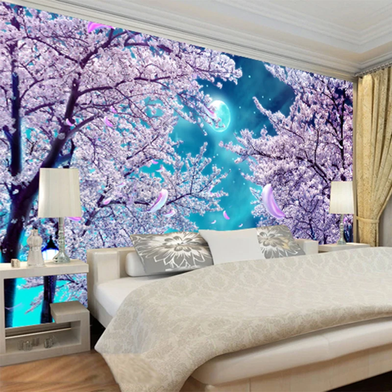 Kustom ukuran Mural Wallpaper 3D langit biru bunga sakura pohon bunga kain dinding lanskap Modern ruang tamu kertas De Parede