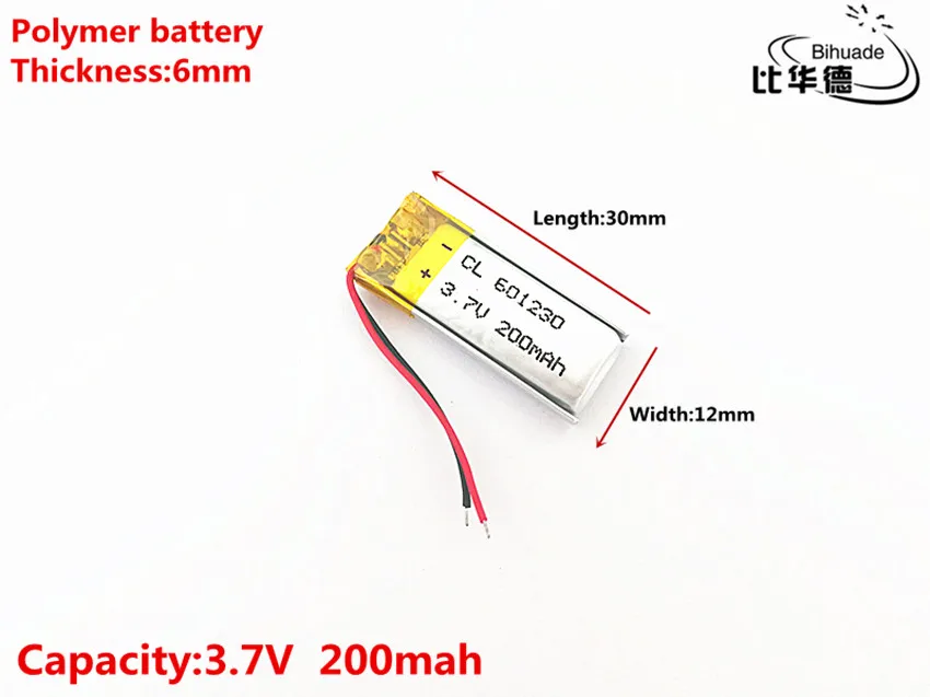 2 sztuk/partia 3.7 V, 200 mAH, 601230 polimerowy akumulator litowo-jonowy/litowo-jonowy do TOY, POWER BANK, GPS, mp3, mp4