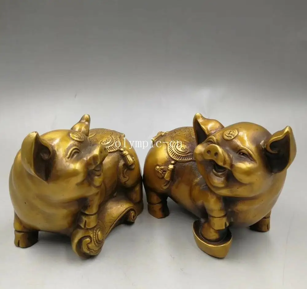 Pair 5'' copper brass home fengshui auspicious animal wealth RUYI pig statue