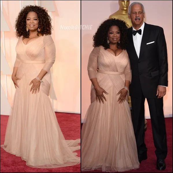 

Oprah Winfrey Oscar Celebrity Dresses Plus Size V-neck Sheath tulle with sleeves Sweep Train Draped Mothe's Evening Dresses