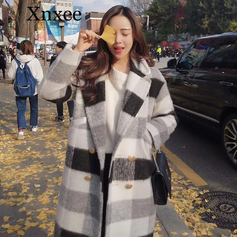 

Xnxee New Autumn Winter Cashmere Trench Jacket Women Casual Black White Plaid Coat Thickness Warm Button Pocket Jackets