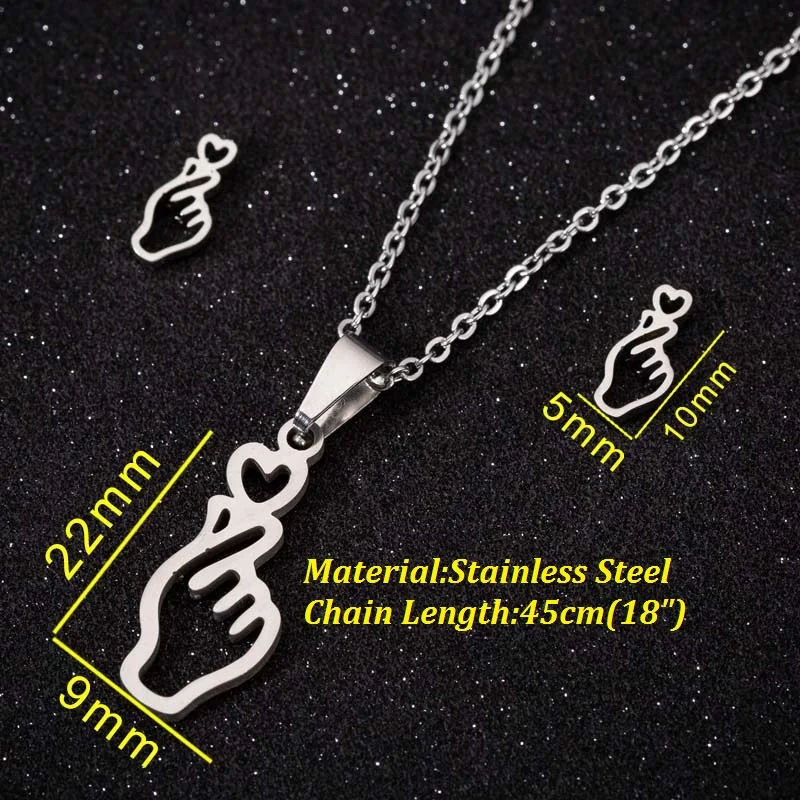 Korean Fashion Finger Heart Earrings Hand Necklace Pendant for Women Trendy Stainless Steel Show Your Love Heart Jewelry Set