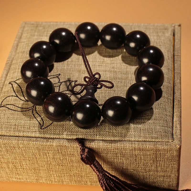 12-20mm Black Natural African Ebony Beaded Buddha Elastic Bracelet Mala Rosary Classical Wind Energy Hand String Couples Jewelry