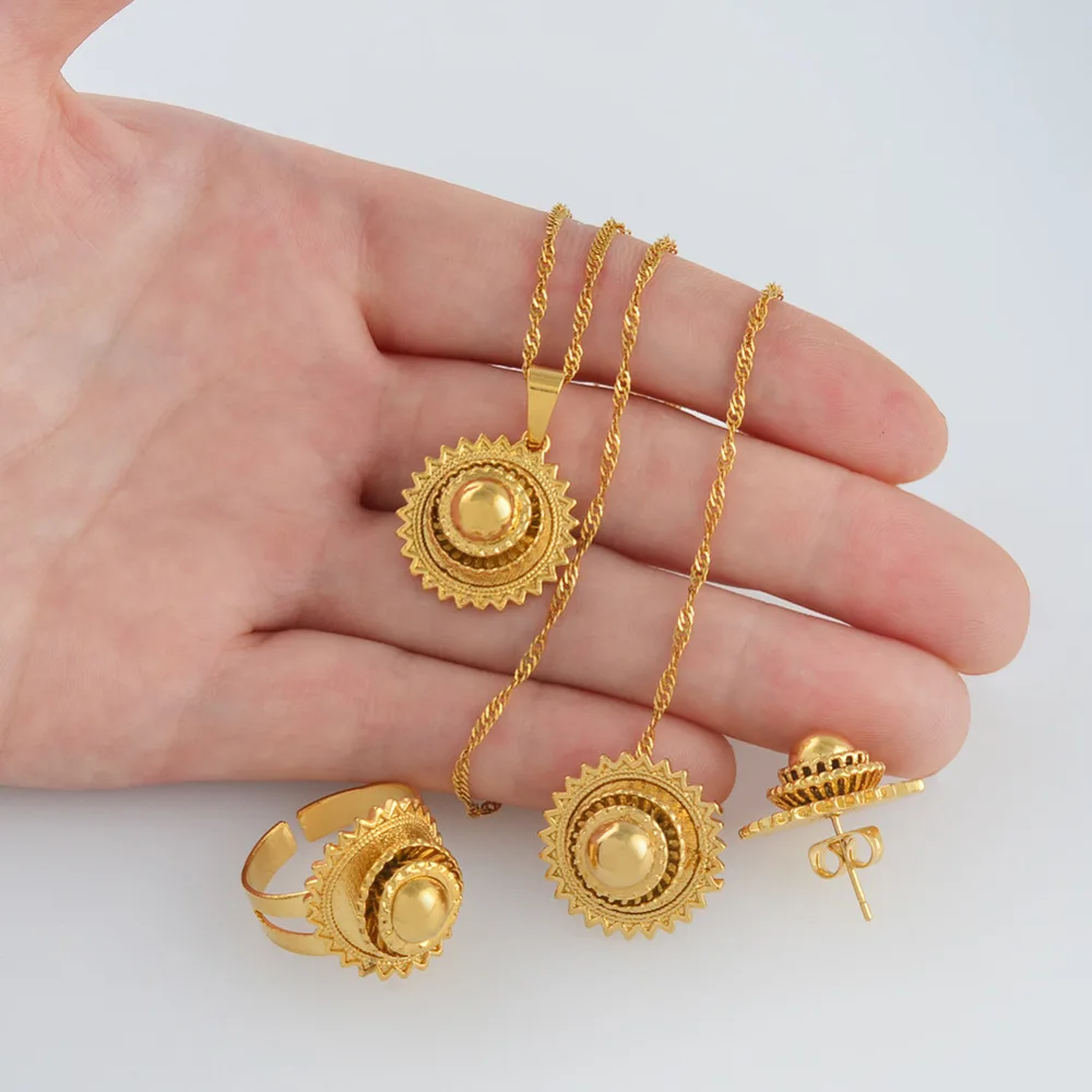 Gold Color Ethiopian Necklace Earrings Ring African Bridal Jewellery sets Habesha Eritrea Wedding Small Jewelry set #J0749