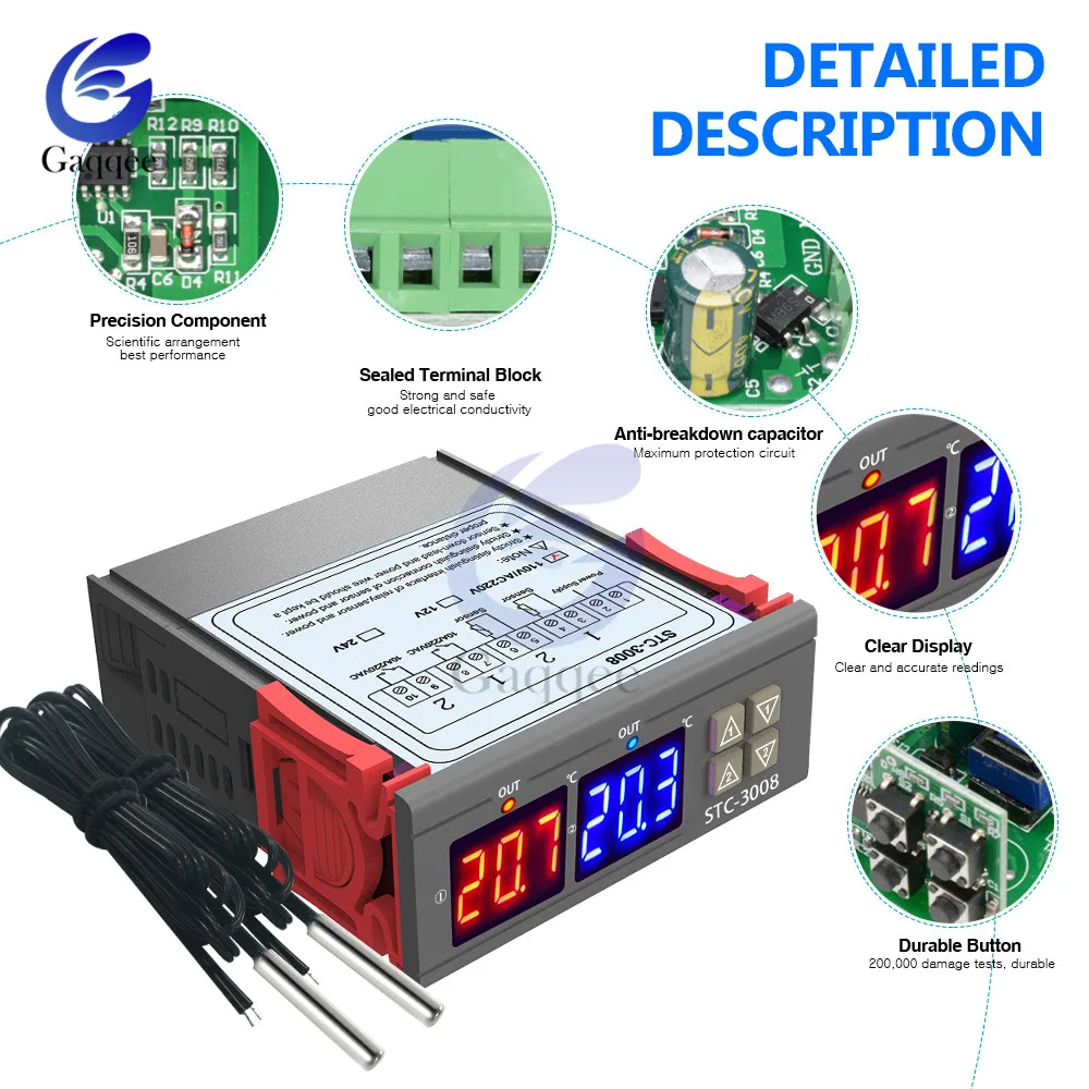 STC-3008 Dual Digital Temperature Controller Two Relay Output Thermostat with Sensor DC12V 24V AC110-220V Home Fridge Cool Heat