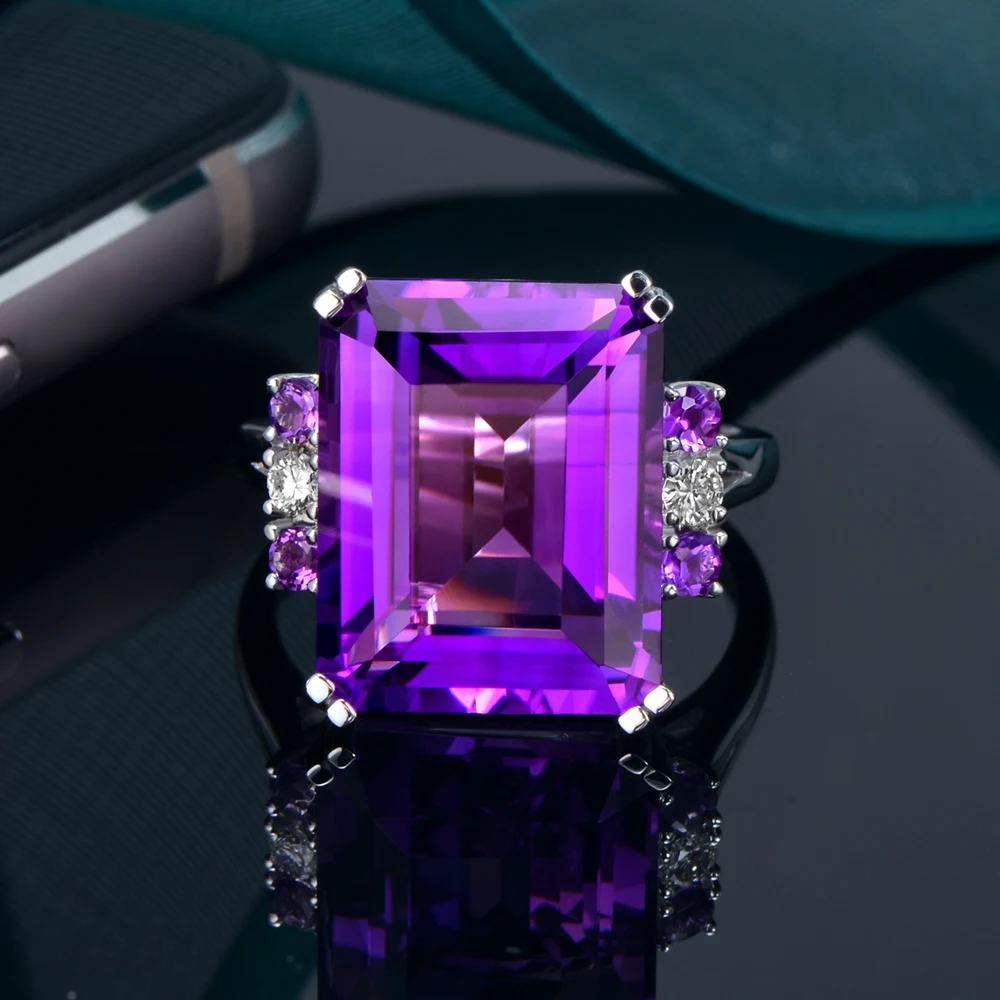 CaiMao 11.5ct Natural Emerald Cut Amethyst 0.10ct Superior Diamond 14k White Gold Ring