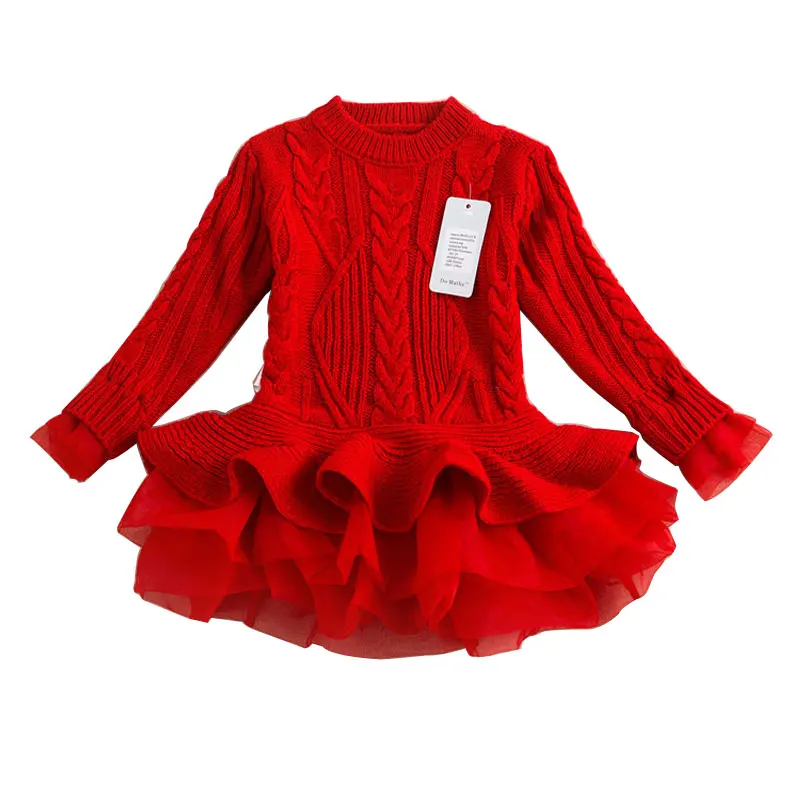 Girl Dress Christmas Wedding Party Dresses Knitted Sweater Chiffon Warm Winter Children Clothing Kids Clothes Baby Girl Dresses