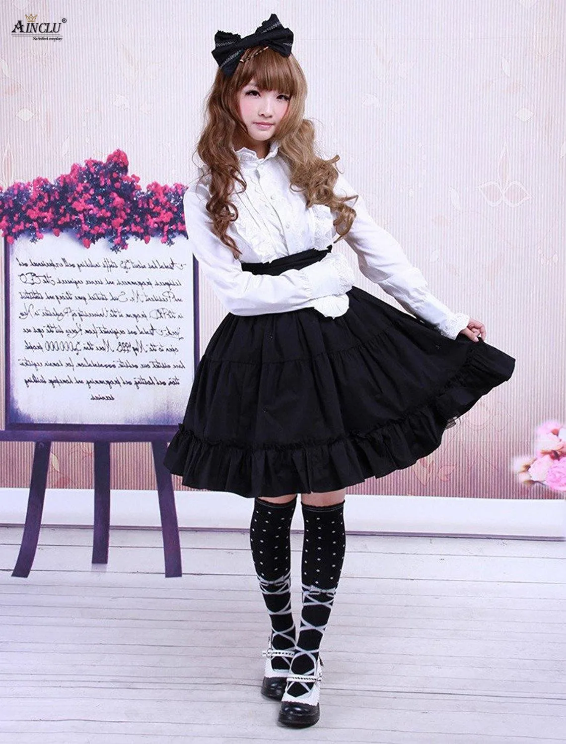 Spring/Summer/Autumn/Winter Ainclu XS-XXL Womens Cotton Black Ruffles Gothic Lolita Skirt With 