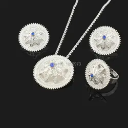 Newest Ethiopian Crystal Pendant/Earrings/Ring/Necklace Jewelry Silver Plated Habesha Jewelry African 4PCS Wedding Jewelry Sets