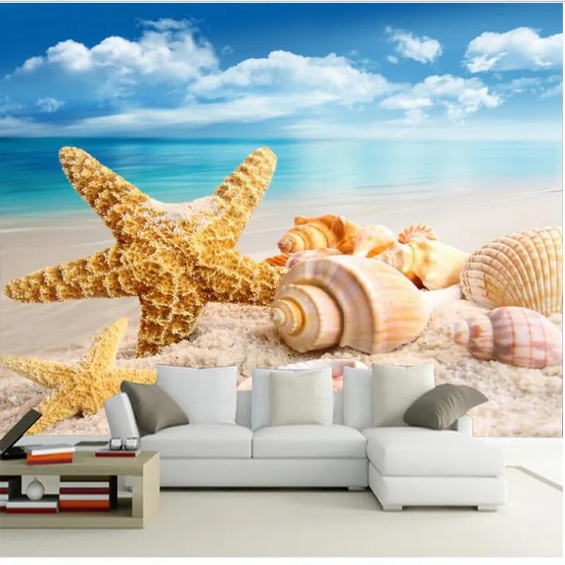 wellyu  Custom large fresco HD 3D stereo beach starfish Conch TV background wall  wallpaper papel de parede para quarto