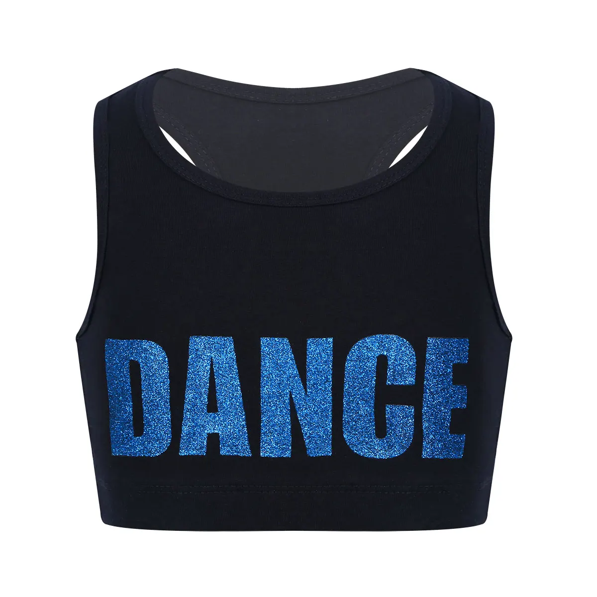 FEESHOW Kids Girls Sleeveless Shiny Letters DANCE Printed Crop Top Sports Gymnastics Ballet Tops Stage Performance Dance Costume