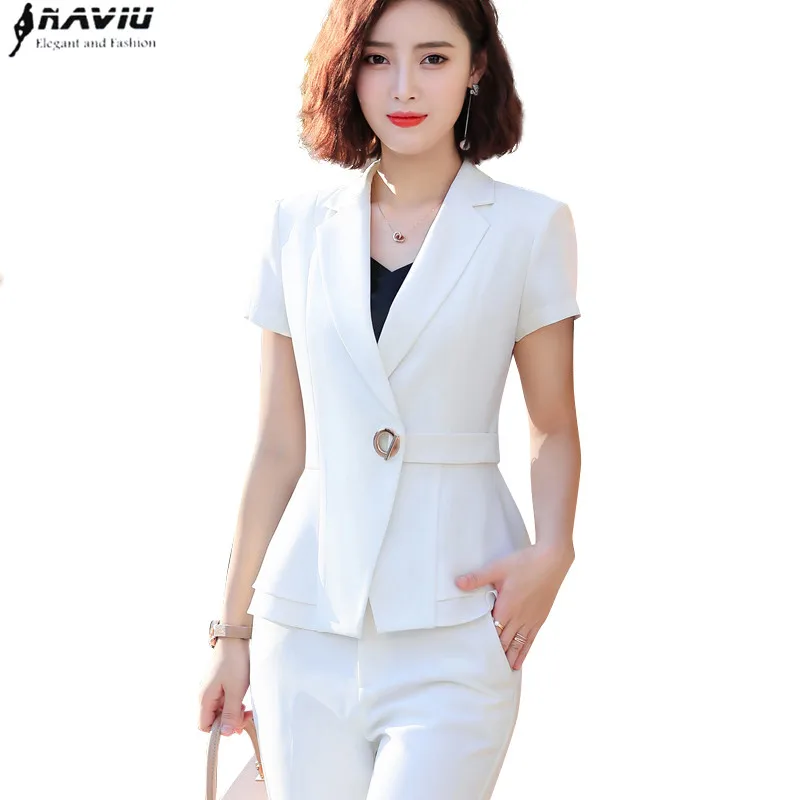 Naviu Women Pants Suit New Summer Fashion Short Sleeve Slim Blazer and Trousers Business Temperament Office Lady Work Wear