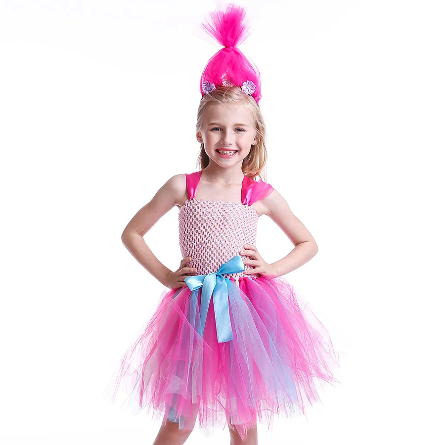 Girls Trolls Poppy Halloween Costume Hot Pink Kids Trolls Tutu Dress with Headband Children Birthday Party Princess Clothes