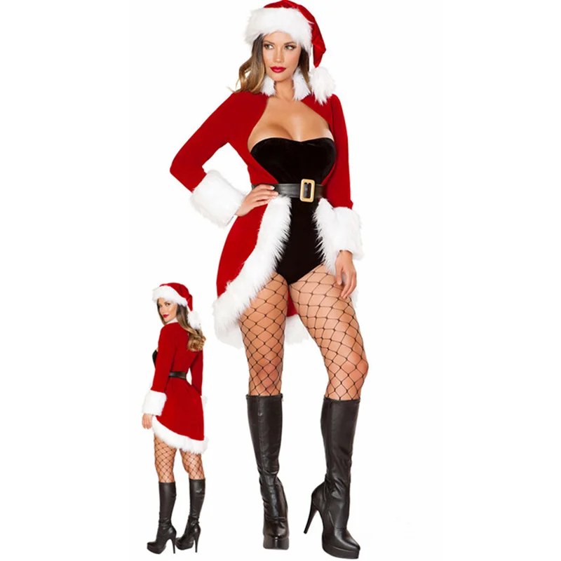 Christmas Dresses Women Clothes Sexy Santa Claus Xmas Cosplay Costume Red Velvet Coat Jumpsuit Belt Hat Christmas Set