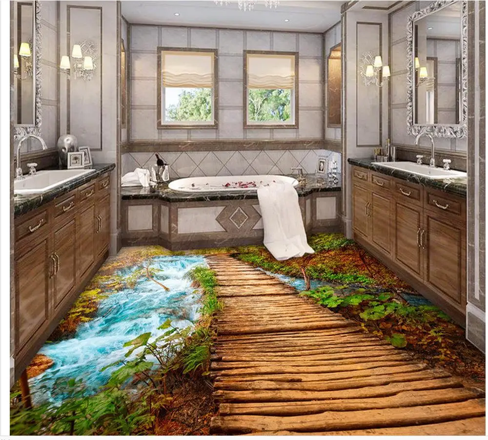 3d wallpaper pvc Wooden bridge path stone river washroom bathroom bedroom 3d floor pvc floor wallpaper