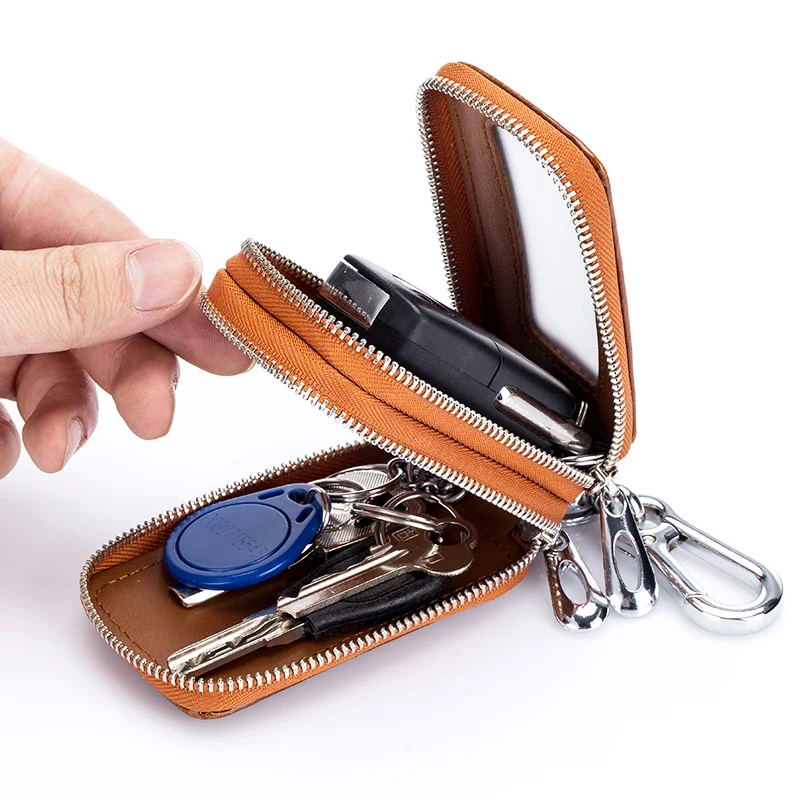 Genuine Cow Leather Home Car Keys' Bag Double Pocket Zipper Mini