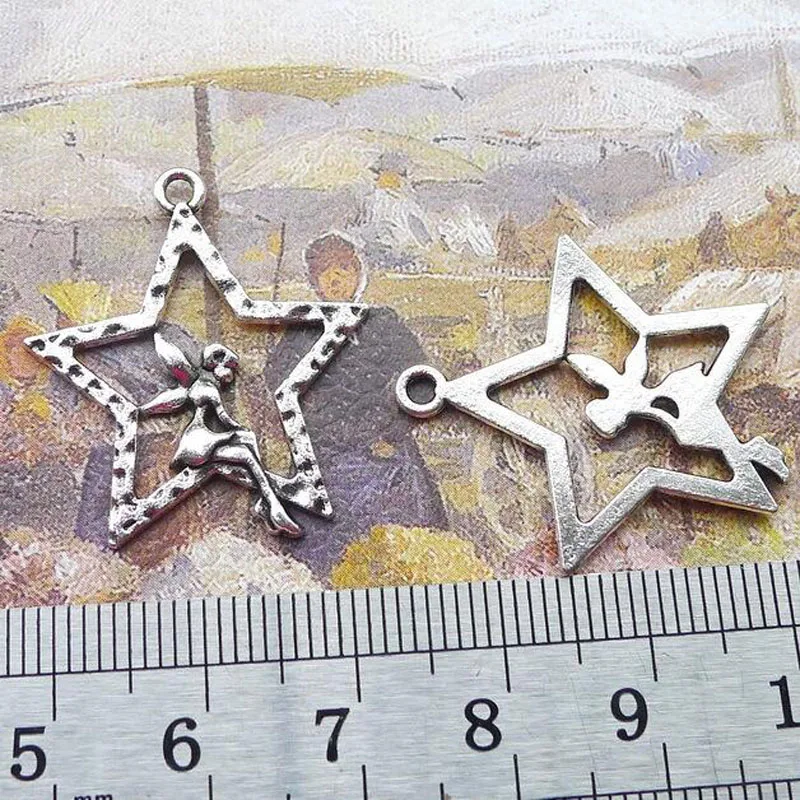 50pcs/lot 28x25mm Zinc Alloy Antique Silver Star Elf DIY Charms Pendants