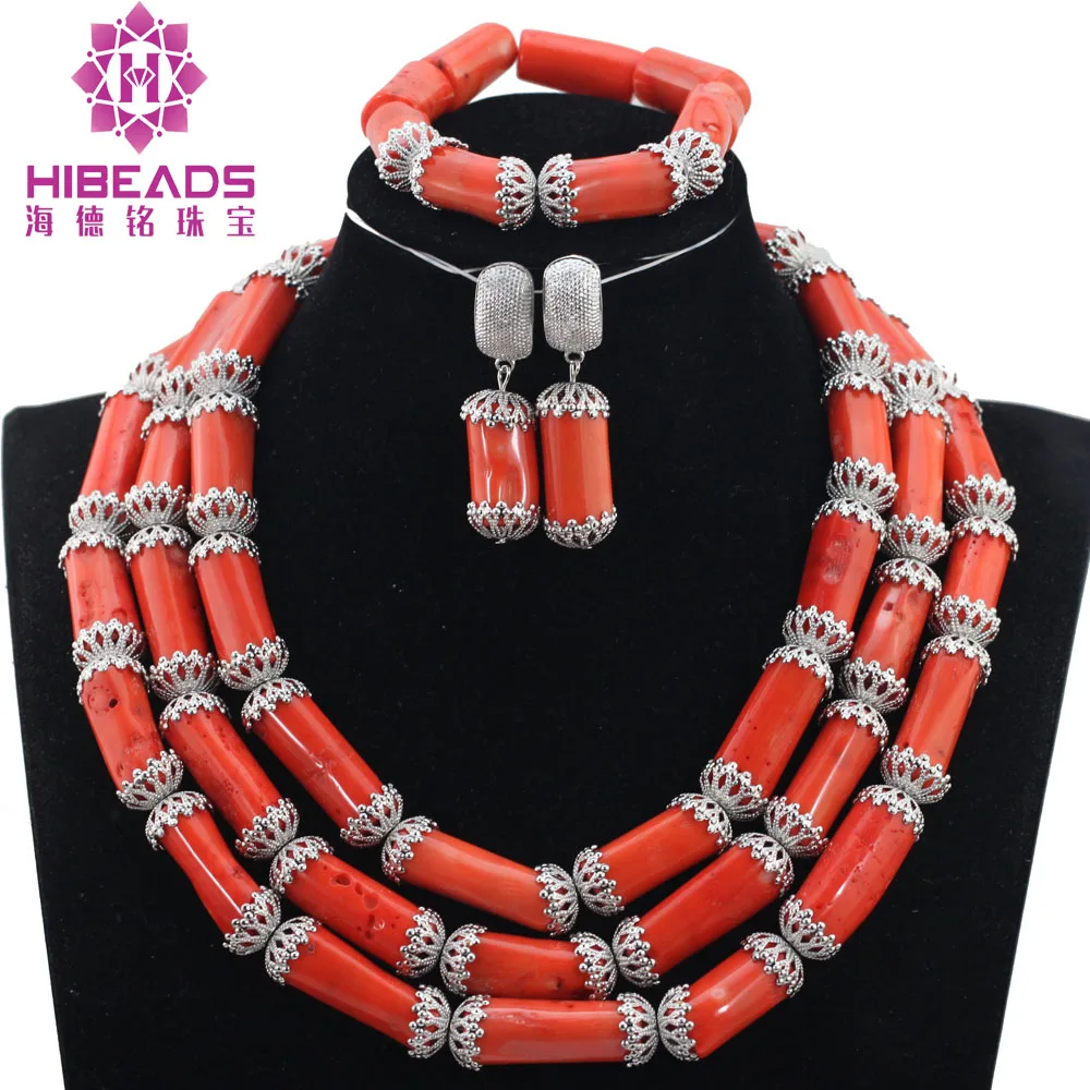 

Trendy Indian Coral Necklace Set New Coral and Silver African Wedding Beads Jewelry Sets Bridal Costume 2017 Free ShippingABH413